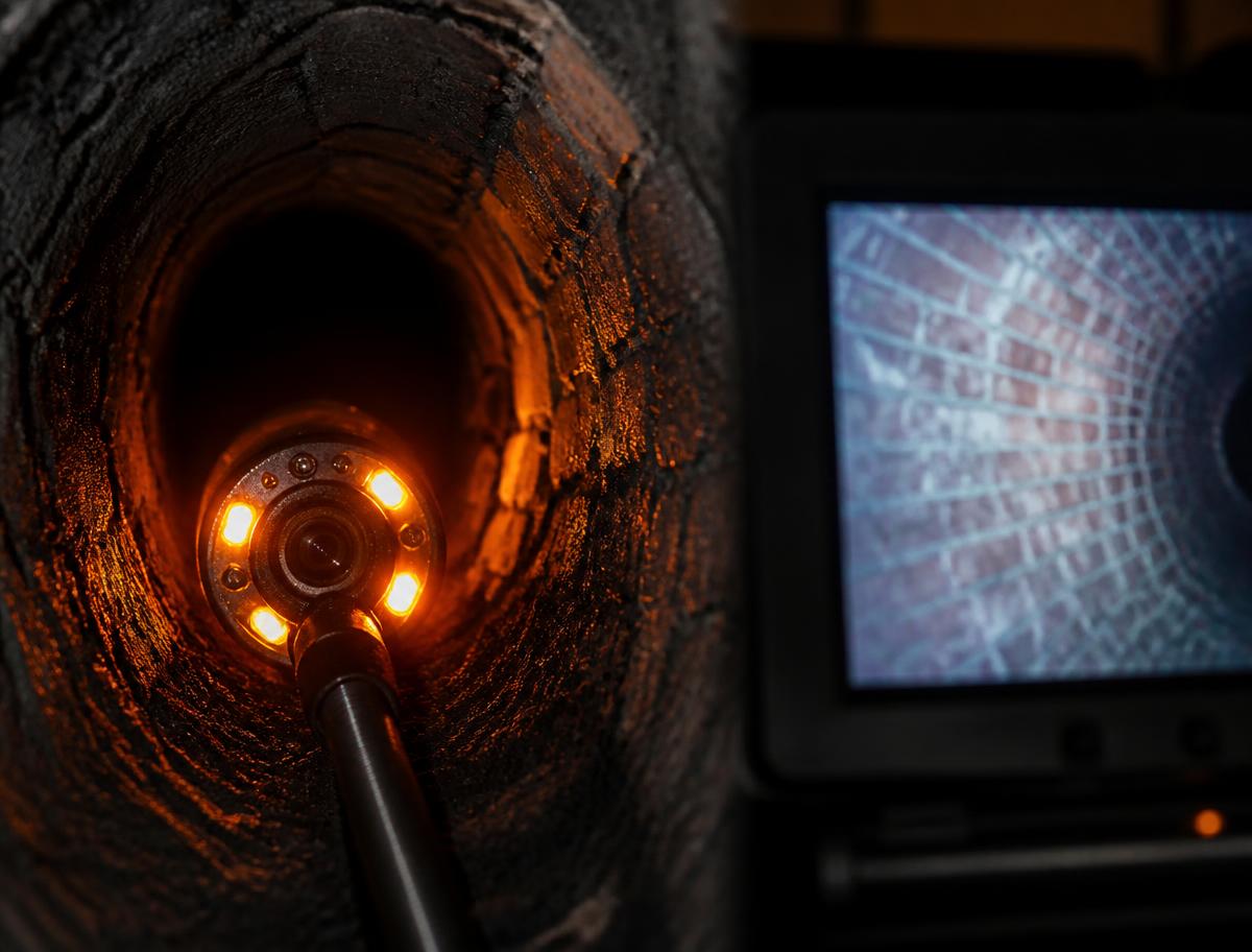 CCTV camera head lit inside a sooty chimney flue with the survey monitor alongside