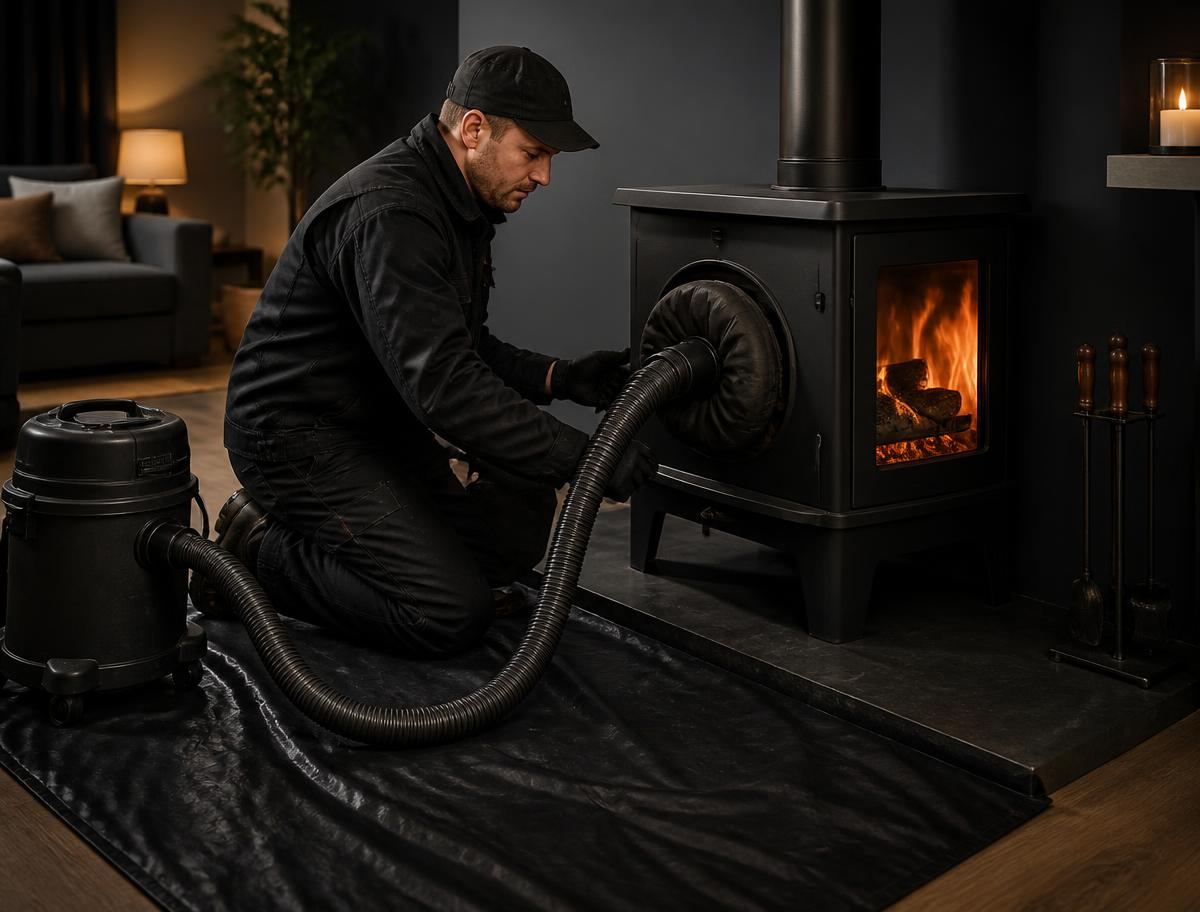 Flueperman engineer sweeping a wood-burning stove with the hearth sealed to a vacuum and the floor sheeted